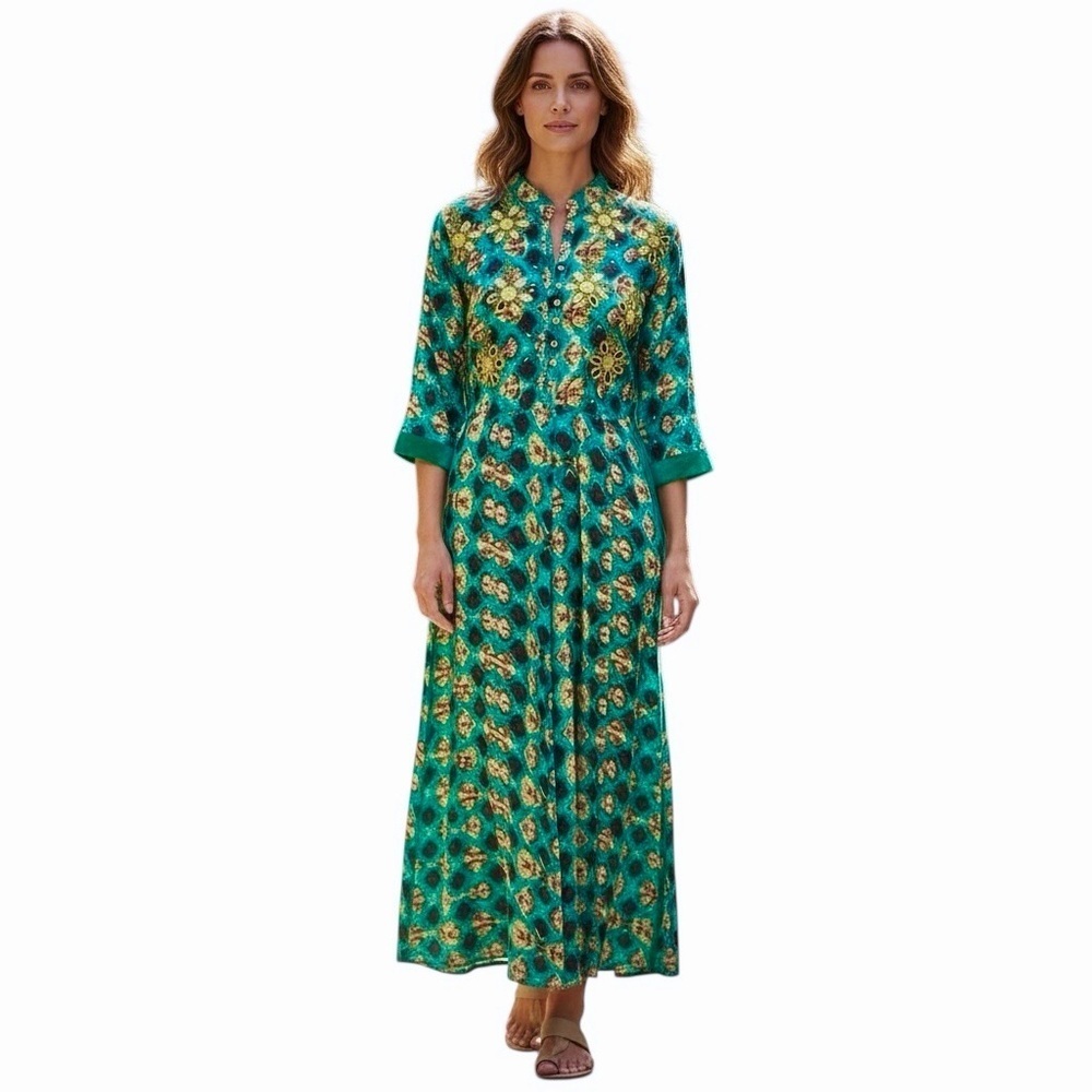 Fashor Turquoise, Brown, Tan, Mirrors and beaded emblishmed Print Maxi Dress